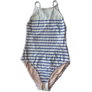 J.Crew One Piece Blue White Stripe High Neck Low Back Strappy Bathing Suit